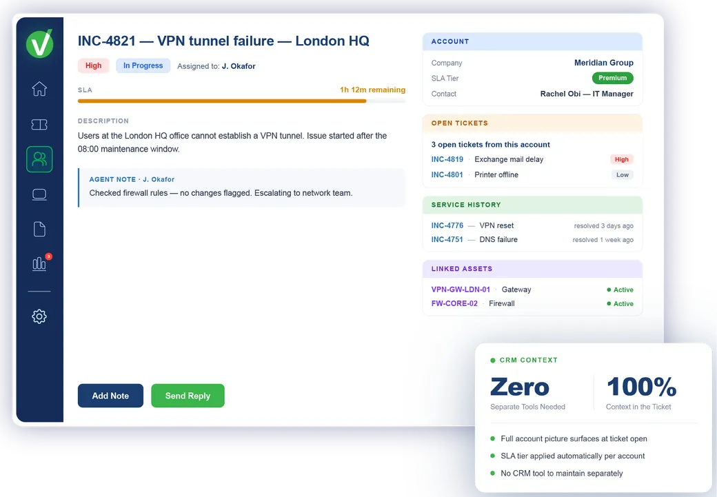 Vivantio CRM — customer account view with service history and SLA entitlements