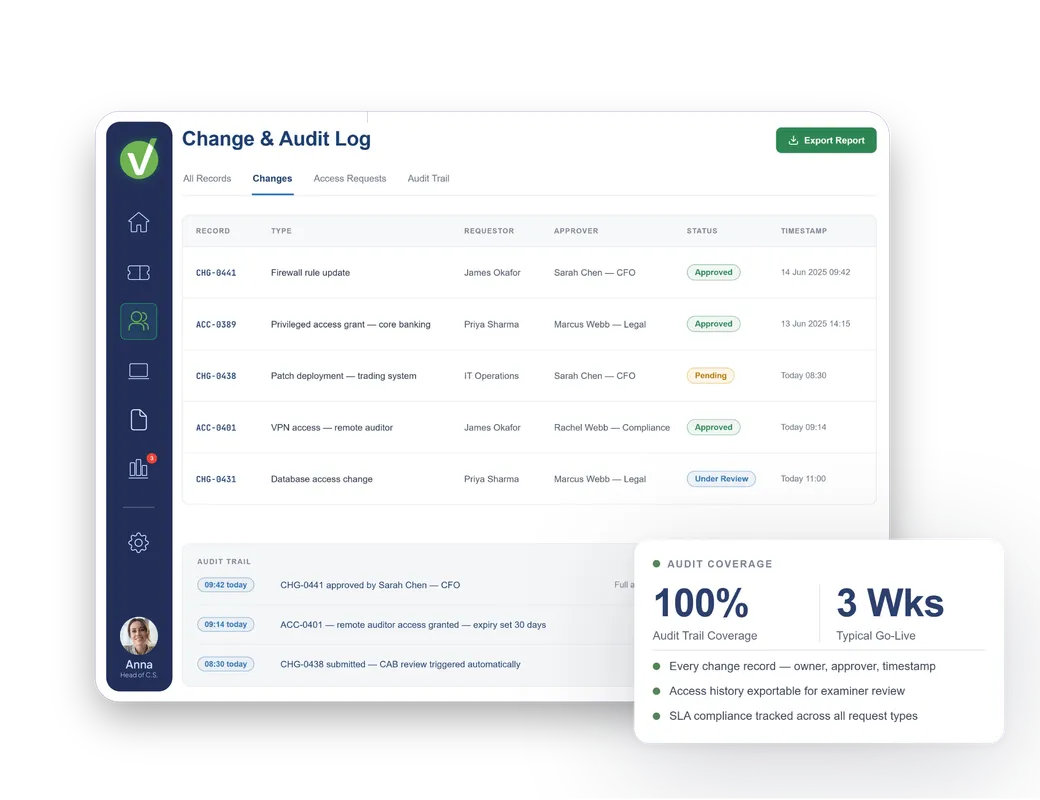 Change and audit log in Vivantio — approvals, audit trail and compliance tracking for finance and legal teams