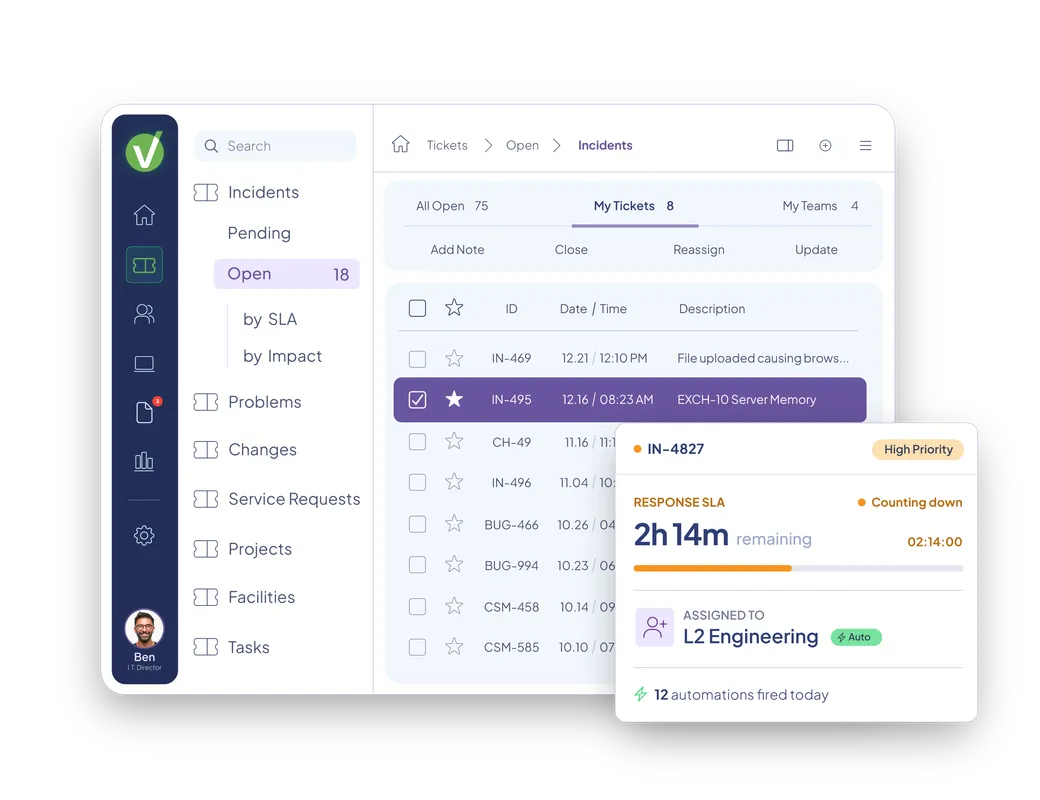 Vivantio ITSM software — incident triage and prioritisation view
