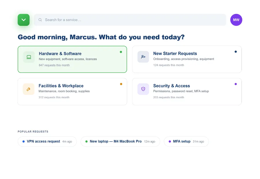 Vivantio ITSM — service request catalogue and fulfilment workflow