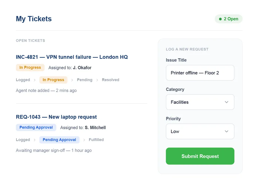 Vivantio self-service portal — ticket logging form and status tracking