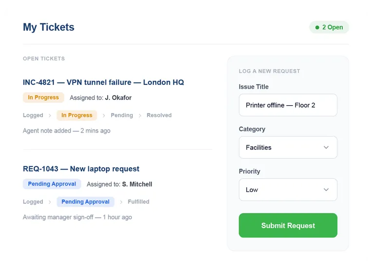 Vivantio self-service portal with knowledge articles and request forms