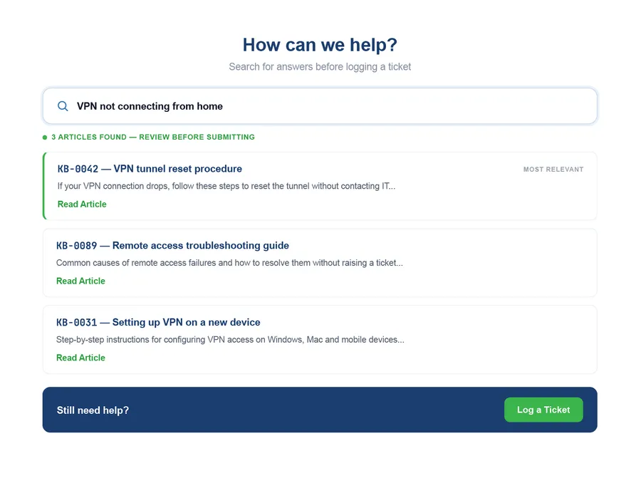 Vivantio self-service portal — inline knowledge base suggestions for ticket deflection