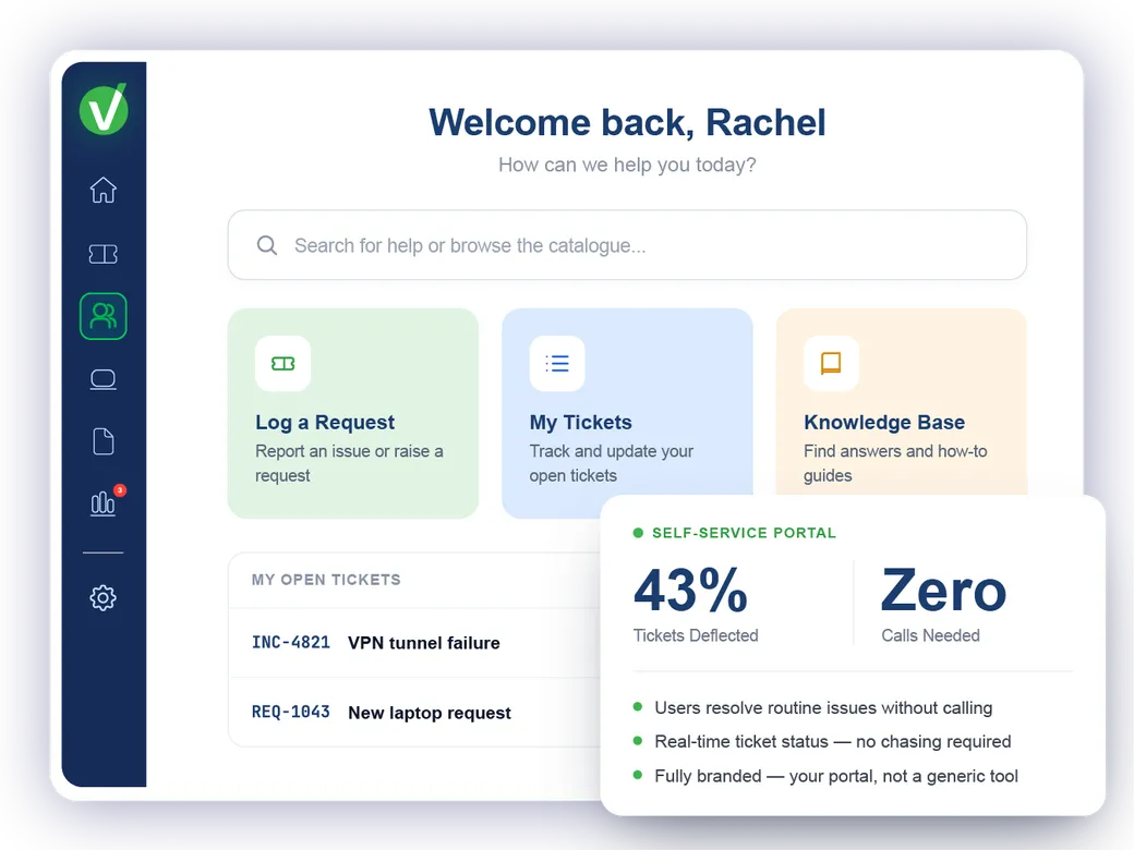 Vivantio self-service portal — branded portal with service catalogue and knowledge base