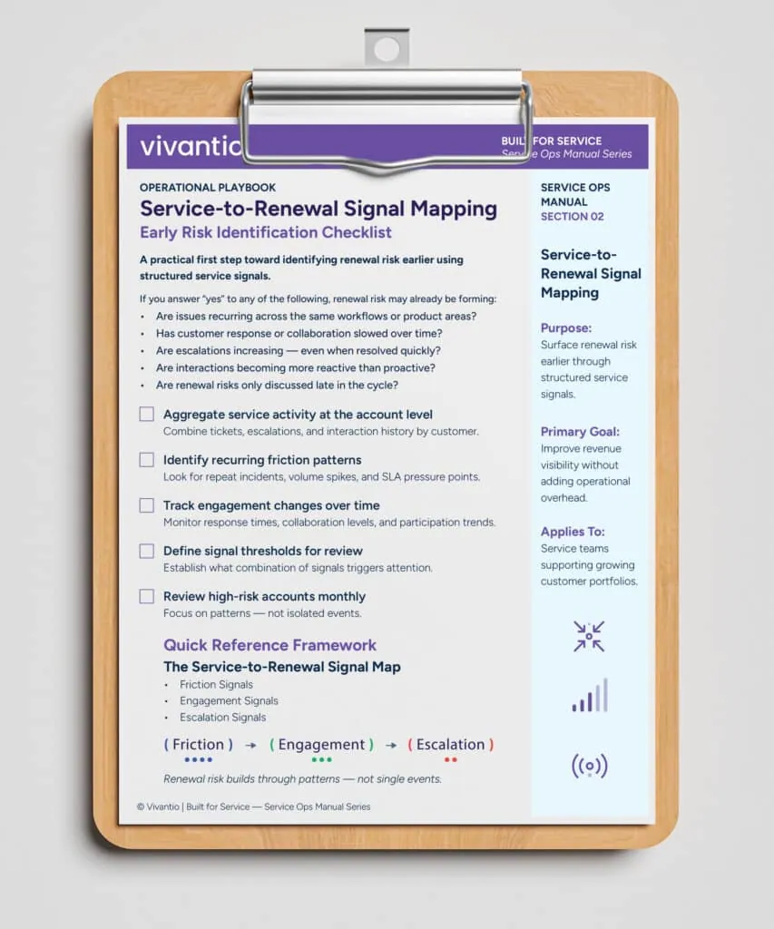 Service-to-renewal signal mapping checklist showing friction, engagement, and escalation signals for early customer risk identification