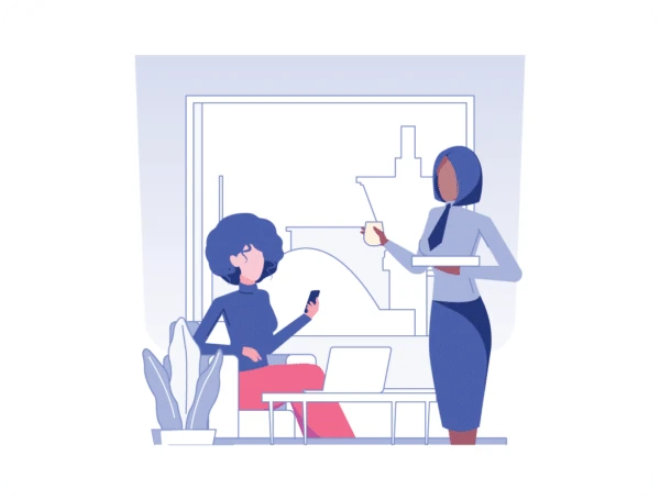 sla-monitoring-blog-restaurant-example-graphic Two illustrated, stylized women - one seated as a restaurant guest and the other standing and serving a beverage.