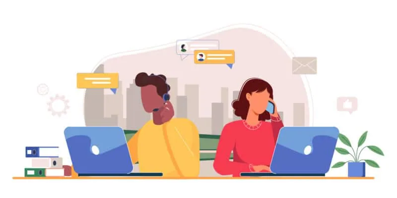 vivantio-itsm-vs-crm-blog-inline-image Minimalist illustration of two characters back-to-back, facing their computers: the left character represents ITSM and the right represents CRM, symbolizing their distinct roles in business management.