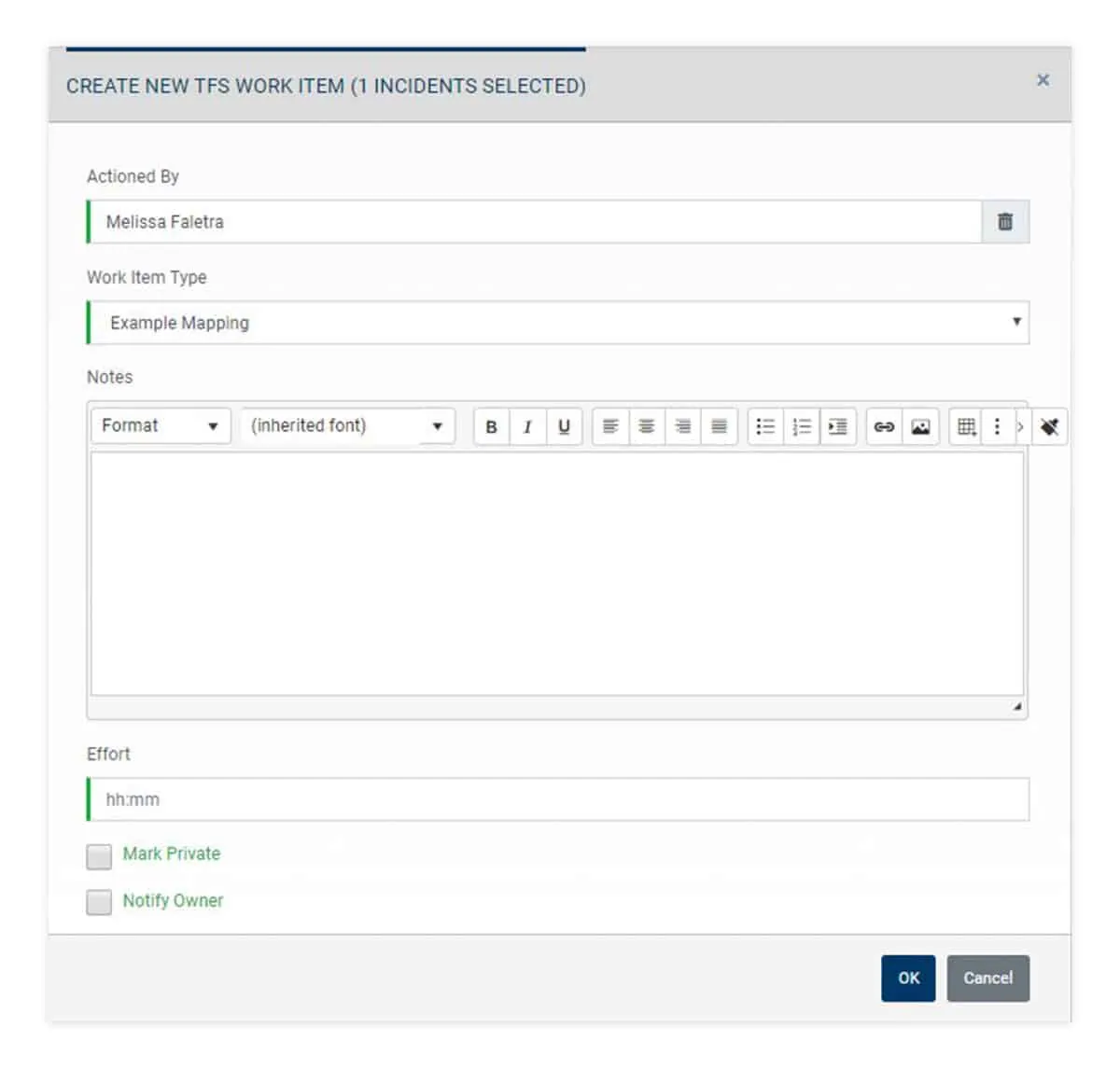create work item pop up