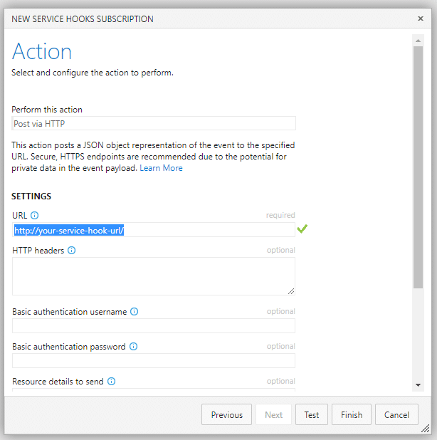 Team Foundation Server New Service Hook Step 3