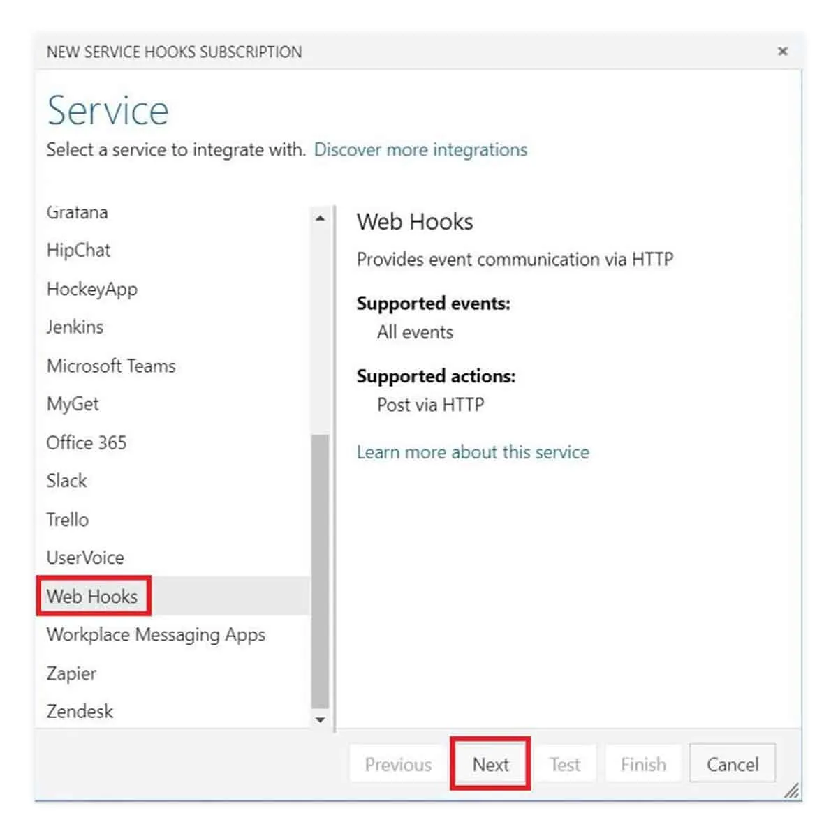new service hooks subscription