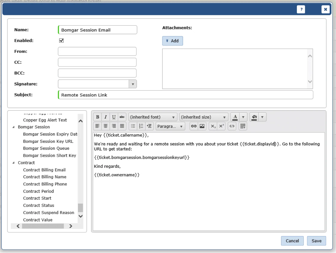 screenshot of beyondtrust vivantio email template