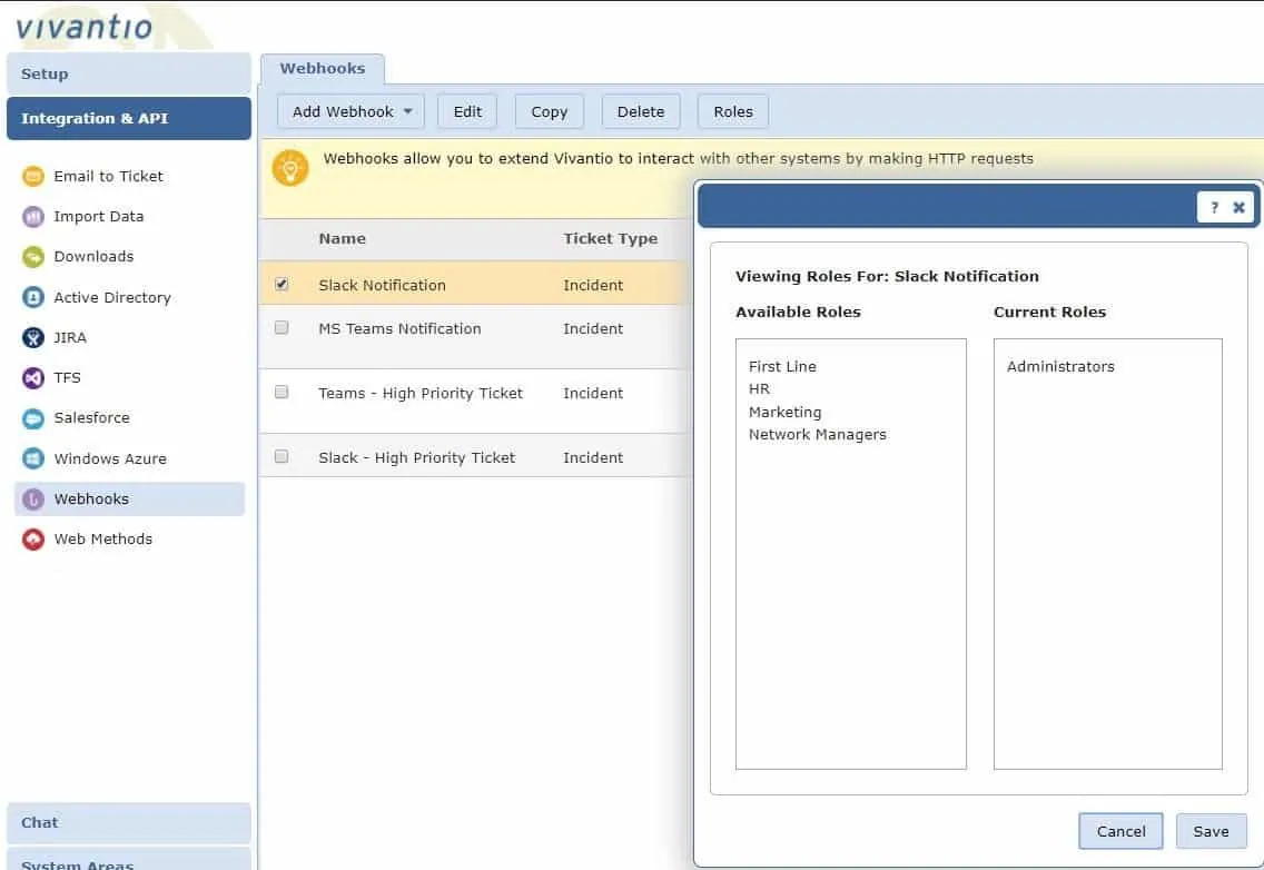Screenshot of Webhook Roles in Vivantio