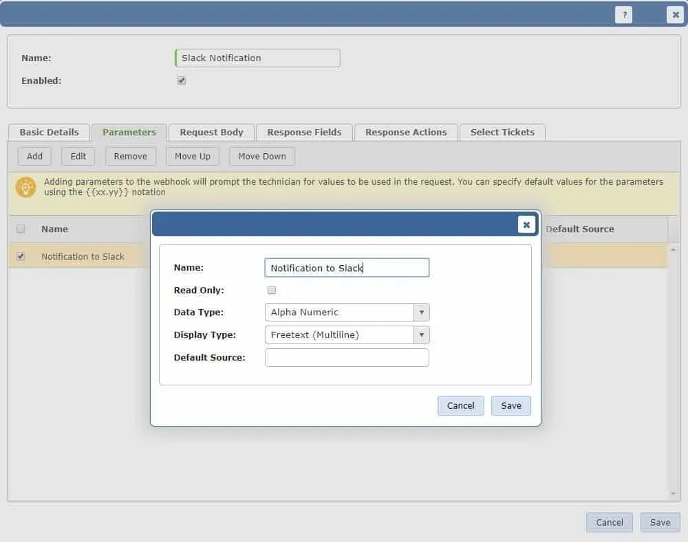 Screenshot of Webhook Parameters in Vivantio