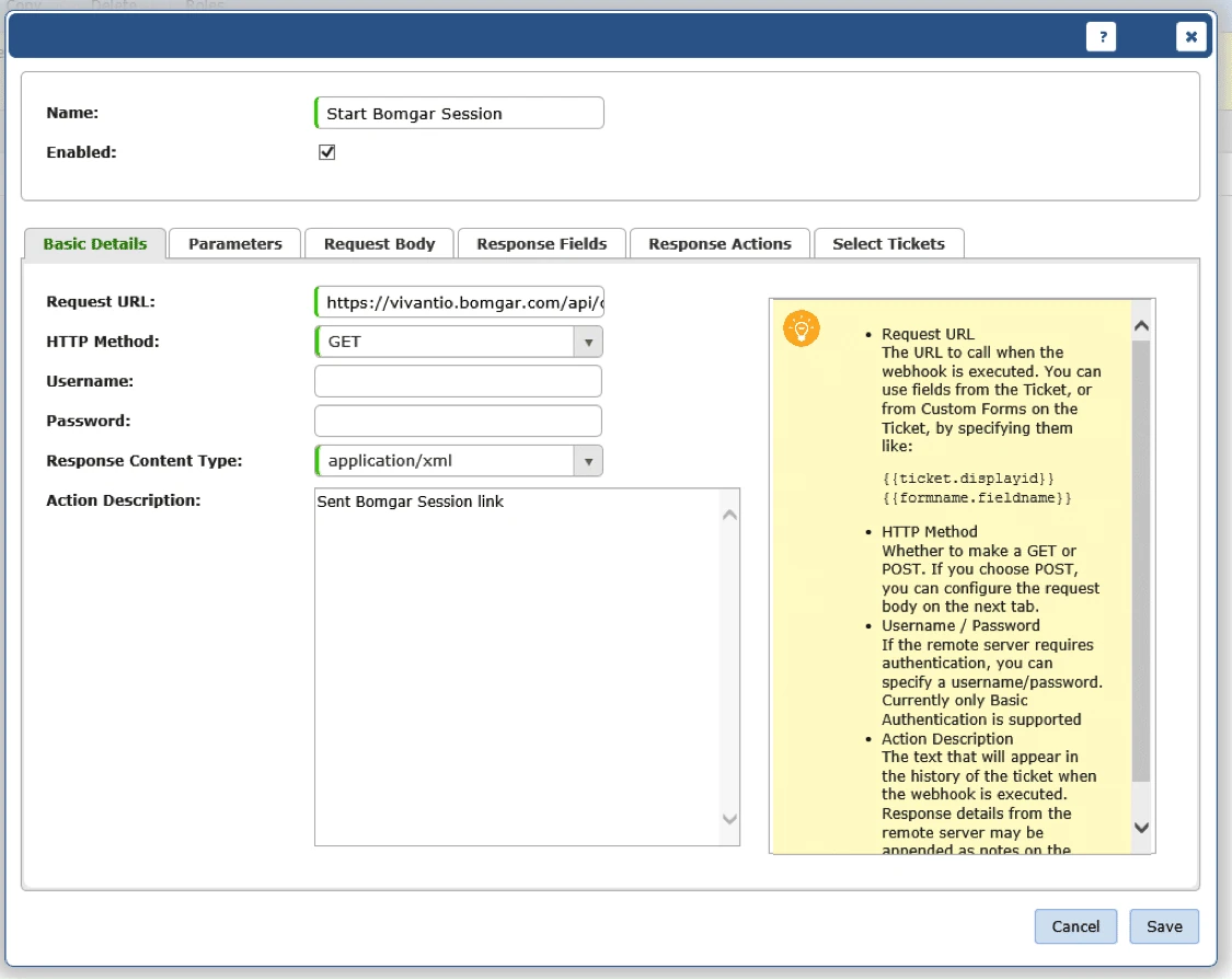 screenshot of beyondtrust vivantio add webhook