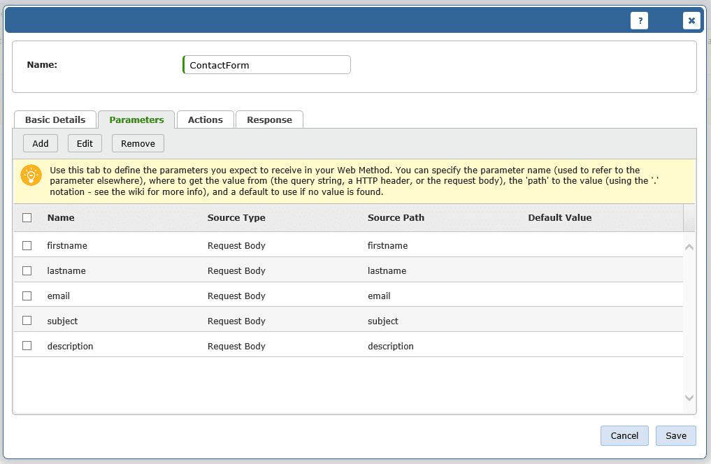 screenshot of vivantion add web wethod parameters