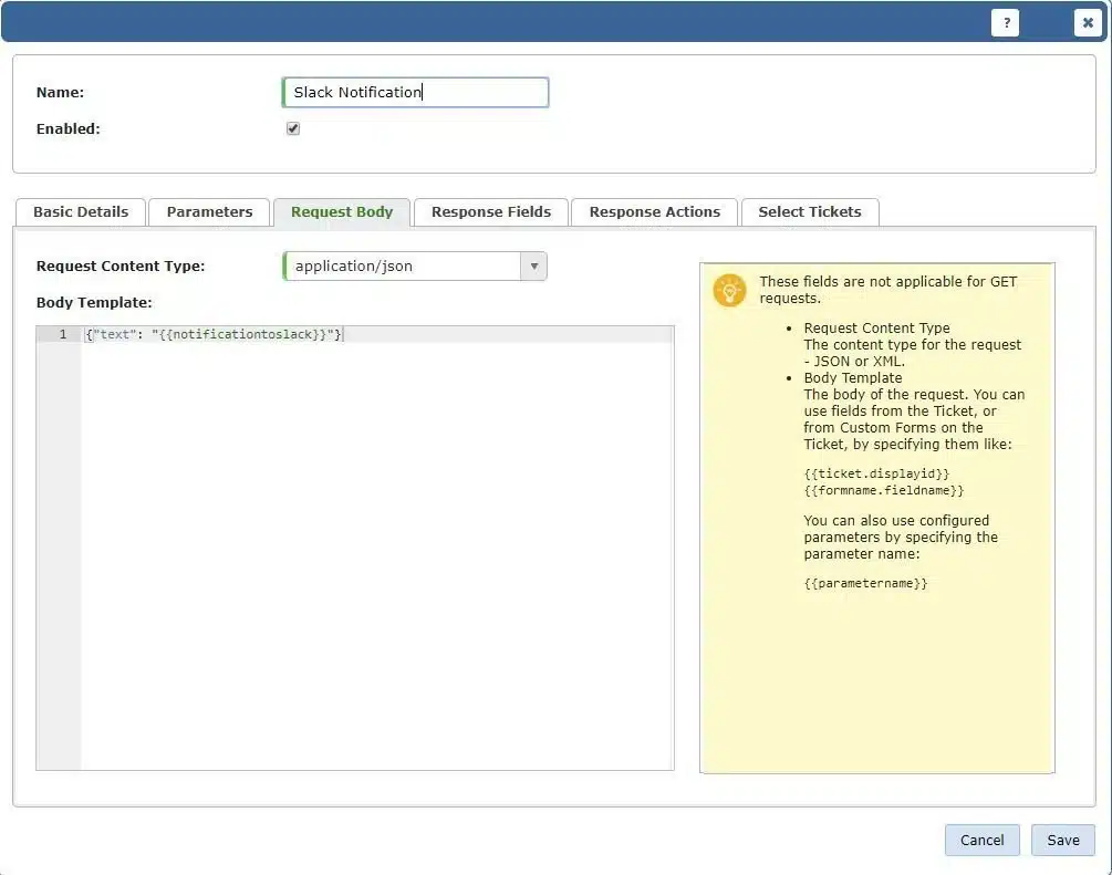 Screenshot of request body example