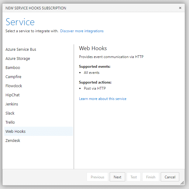 Team Foundation Server New Service Hook Step 1