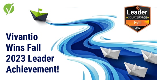 Illustration of a blue and green paper boat leading three white paper boats, representing Vivantio's leadership, with the SourceForge Fall 2023 Leader badge in the top right corner.
