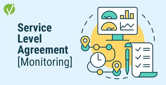 Blog Cover image: Vivantio logo in top left corner with an illustrative depiction of Service Level Agreement Monitoring in yellow, turquoise, and dark gray on a light blue background.