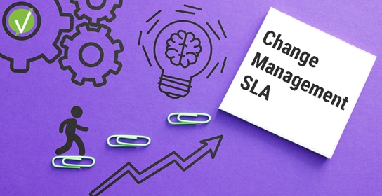 Illustration of Change Management SLA concept with gear icons, light bulb, arrow, and sticky note.