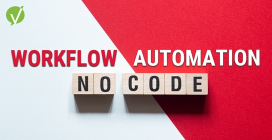 "Workflow" in red text on white, "Automation" in white text on red, with "NO CODE" in black on wooden blocks, against a diagonally split white and red background.