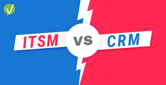 Graphic with blue and red background divided by a white lightning bolt, featuring 'ITSM' on the left and 'CRM' on the right with 'vs' in the center, symbolizing the comparison between ITSM and CRM.