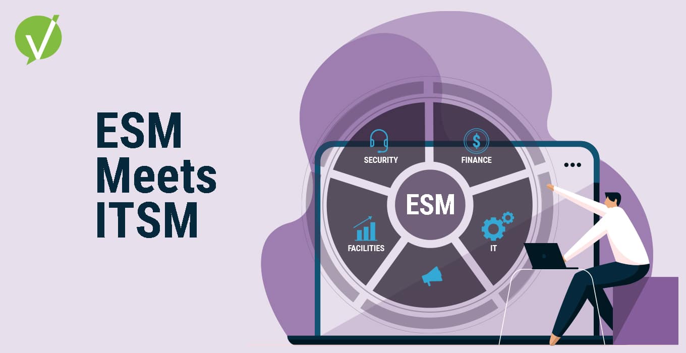 Blog cover showing the phrase 'ESM Meets ITSM' to the left, with an illustrated image of an oversized laptop screen displaying 'ESM' and surrounding icons representing enterprise service management elements. A character sits on a box, using a laptop with one hand and pointing at the screen with the other, set against a background of purple hues, tints, and tones.