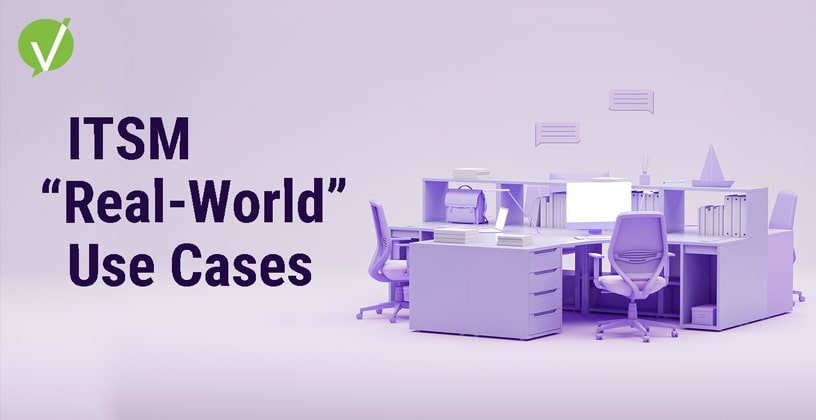A sleek and modern 3D rendered image of a purple monochrome office desk with a computer, featuring the words 'ITSM "Real World" Use Cases' and the Vivantio logo on the left.