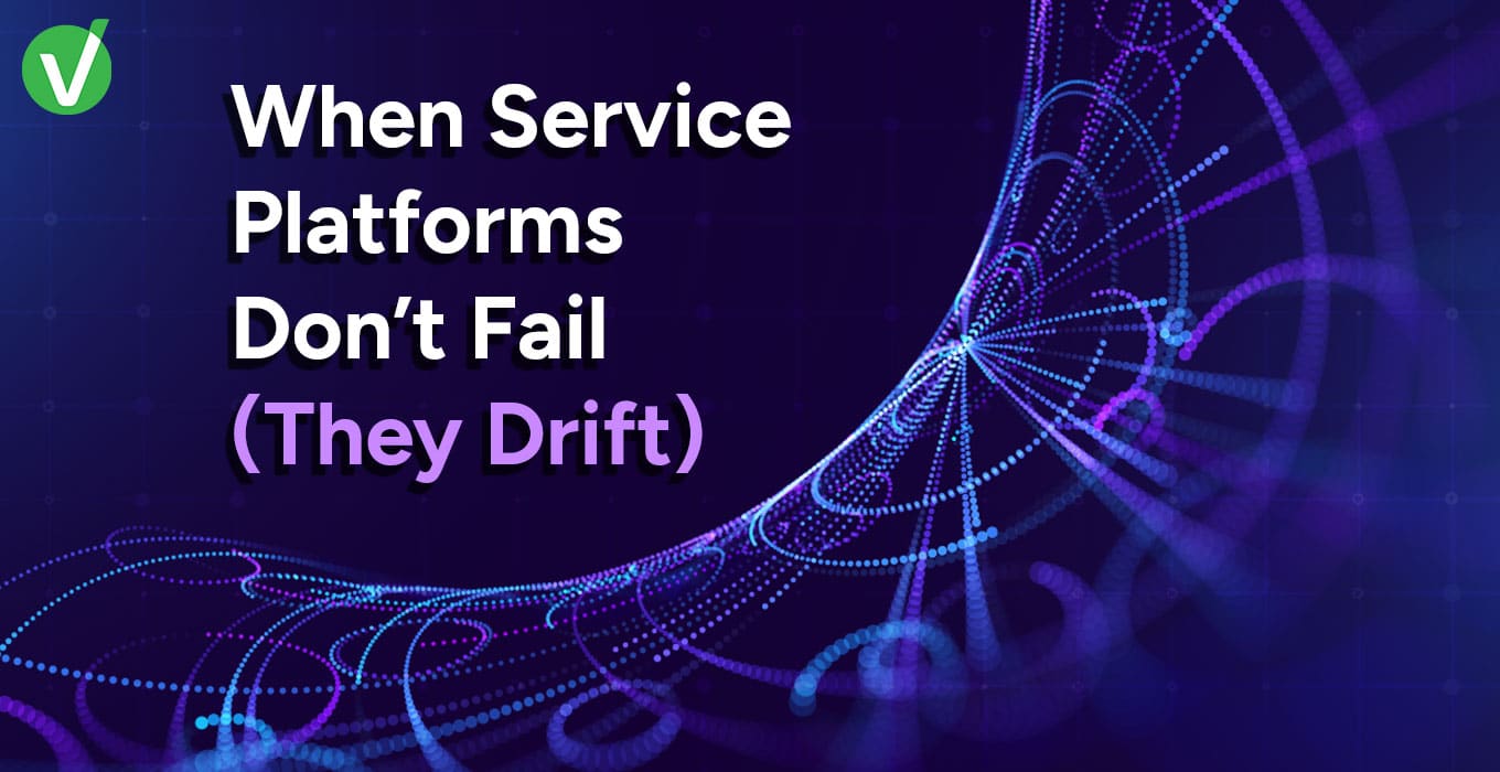 Abstract digital network illustration with flowing data lines and the text “When Service Platforms Don’t Fail (They Drift)” representing gradual complexity in service management systems.