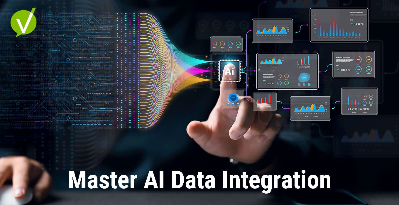 Multicolored data streams converge into an AI chip with a person touching it, symbolizing AI-powered data integration and human-AI collaboration.