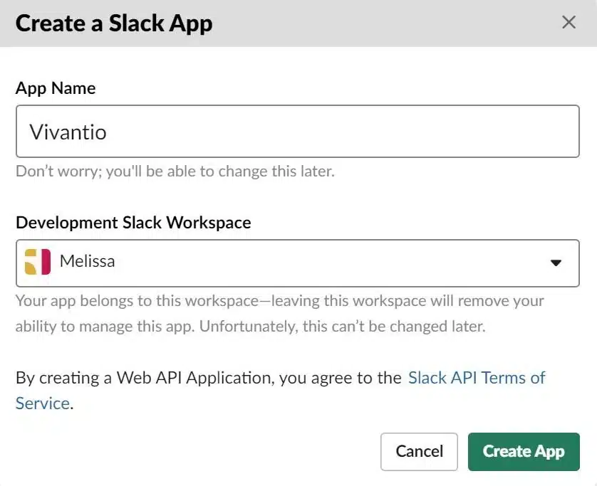 Screenshot of creating a Slack app