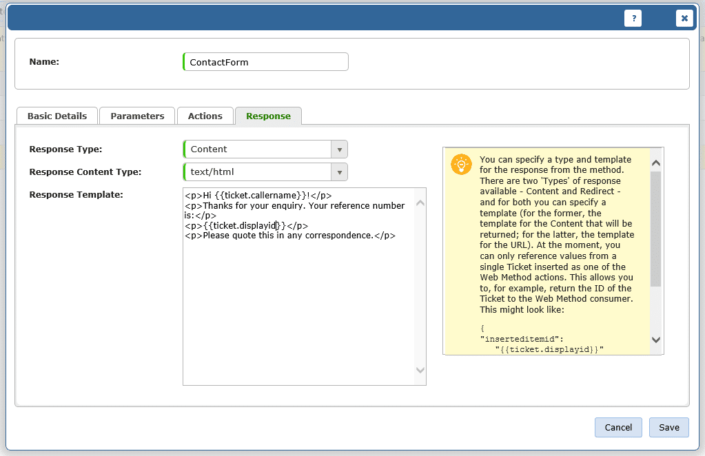 screenshot of add web method response