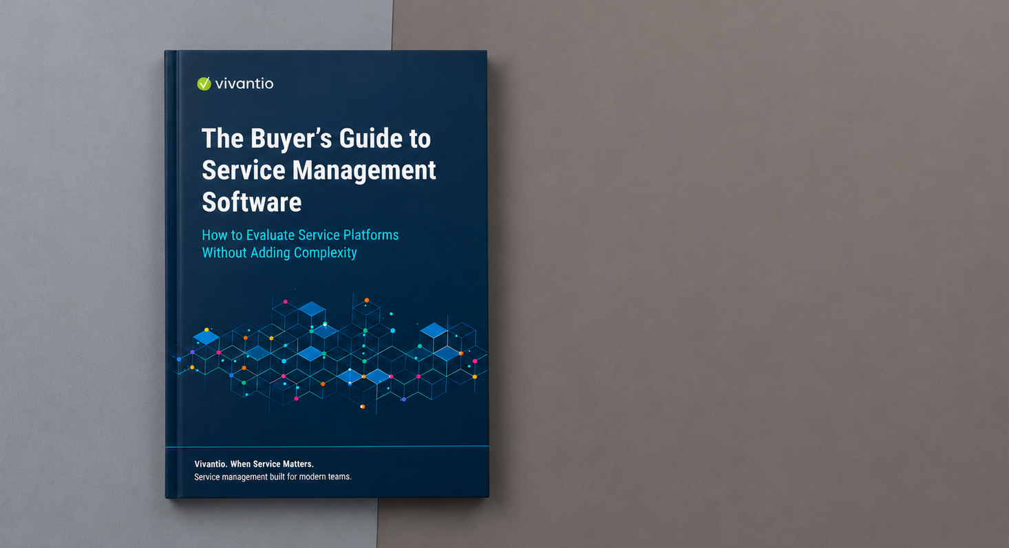 Book mockup of Vivantio's Buyer's Guide to Service Management Software on a modern two-tone desktop background.