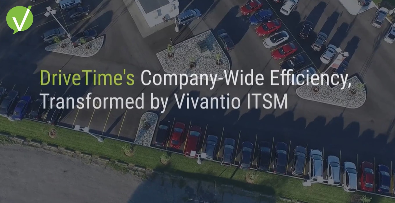Aerial view of a DriveTime dealership lot with numerous cars, featuring a dark overlay. Vivantio logo icon positioned in the top left corner, accompanied by the text "DriveTime's Company-wide Efficiency, Transformed by Vivantio ITSM".